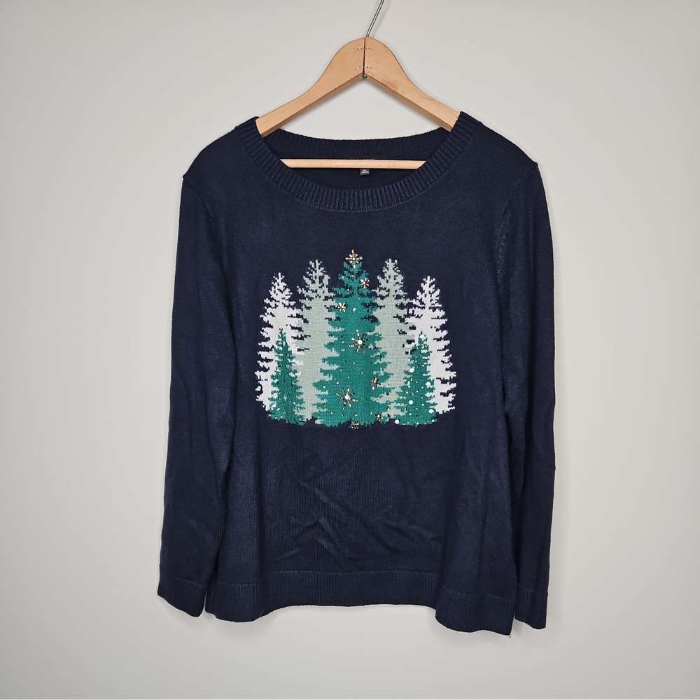 Talbots Sweater P2XL Navy Beaded Christmas Tree Sequin Cotton Preppy Classic Top